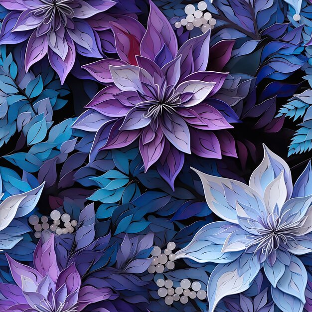 Abstract background of beautiful flowers on a bluish black background in surrealistic style tiled