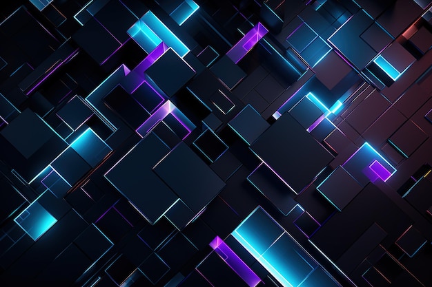 Abstract background black cubic square shaped blocks illuminated with pink and blue neon lights virtual immersive space complex information data structure