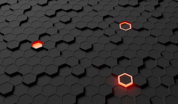 Abstract background of black hexagons with randomly illuminated ones. 3d rendering