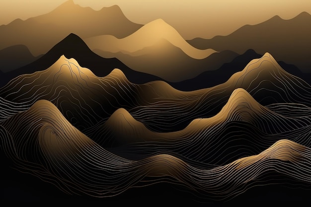금색 요소가 있는 검은 산의 추상적 배경엽서 축하 및 포스터용 장식을 위한 아름다운 미니멀리즘 인쇄 Generative AI