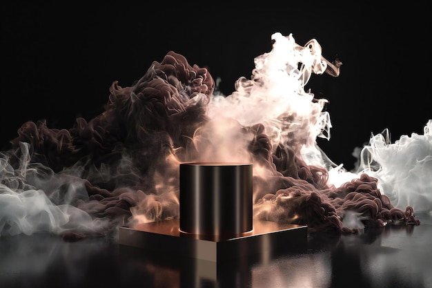 Photo abstract background black podium with smoke and fire