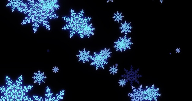 Abstract background of blue neon cold winter Christmas New Year festive glowing snowflakes