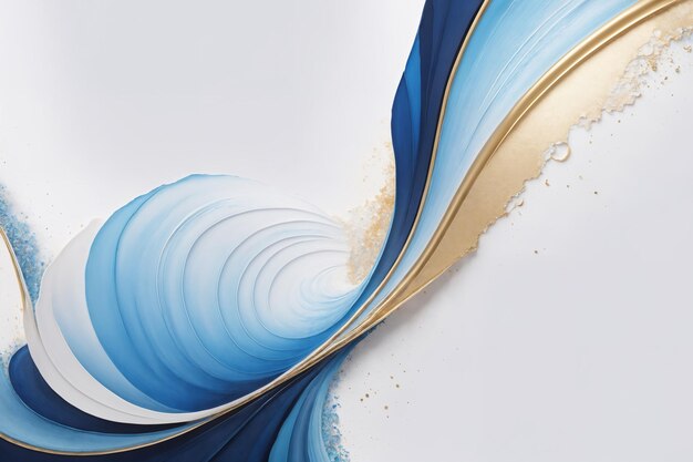 Photo abstract background of a blue swirling strokes with golden lines on a white canvas