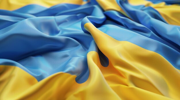 アブストラクトな背景:青黄色のウクライナ国旗がれれのあるシルク色の布を振り回し波紋のあるウクライナの国旗を描いた3Dレンダリング