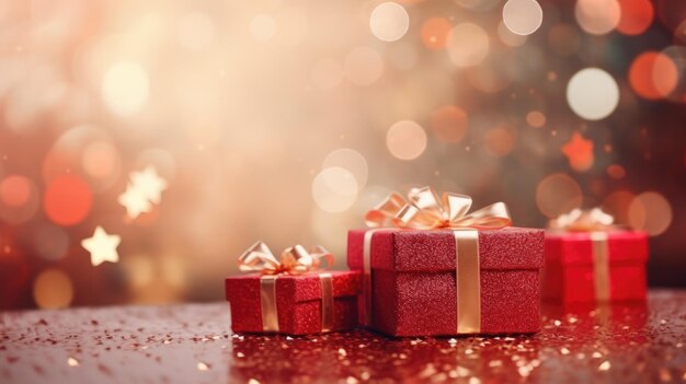 Abstract background and bokeh on new year's eve gift boxes and red decorations