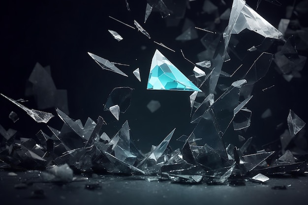 Abstract background of broken flying shards of glass and crystals on a dark background