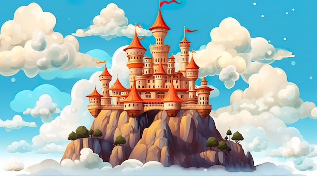 Abstract background castle in the clouds Banner design featuring an intricately detailed illustration evoking the charm and wonder of a magical castle nestled amidst the clouds Generative AI