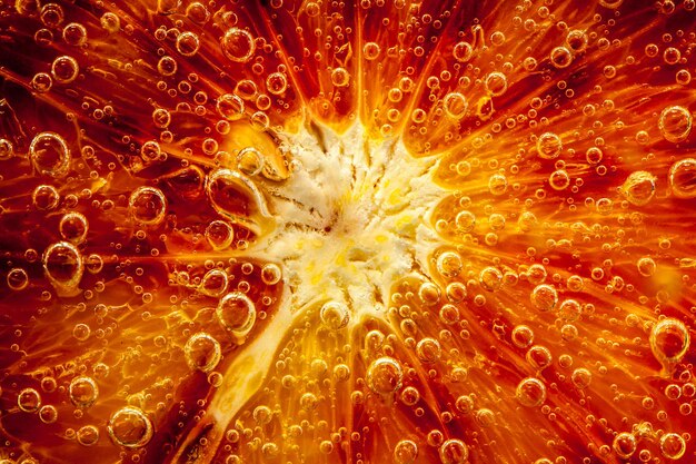 Abstract background. A citrus close up with bubbles