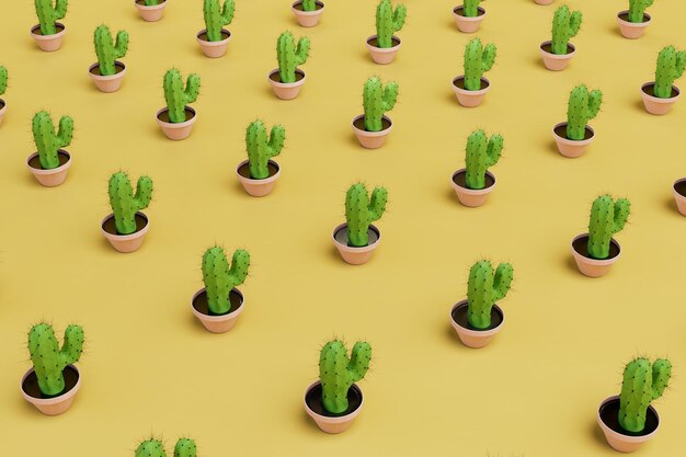 Abstract background consisting of patterns of green cacti in pots on a yellow background 3d render