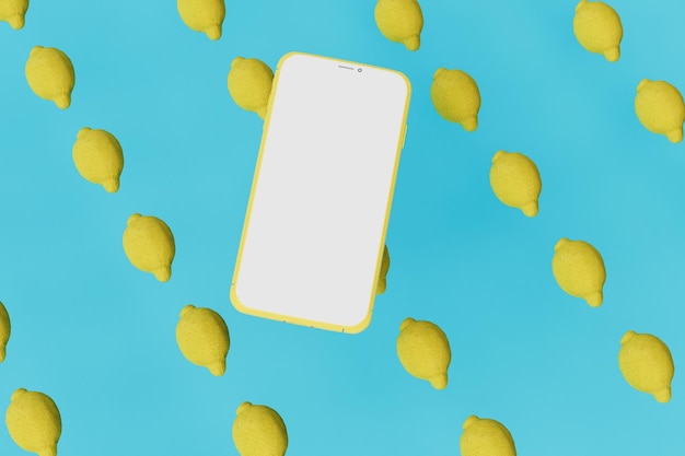 Abstract background consisting of patterns of yellow lemons on which the smartphone is located