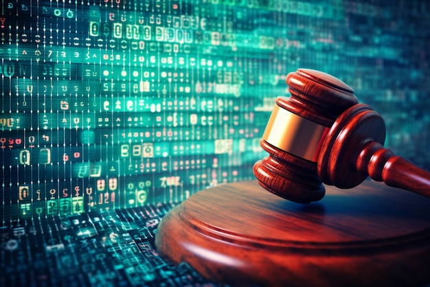 Photo abstract background of digital computer code and judge gavel