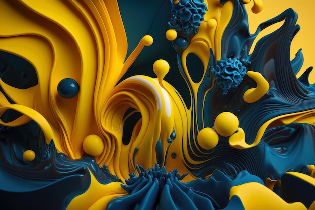 Abstract background of drops of blue and yellow liquid in 3d style AI generation