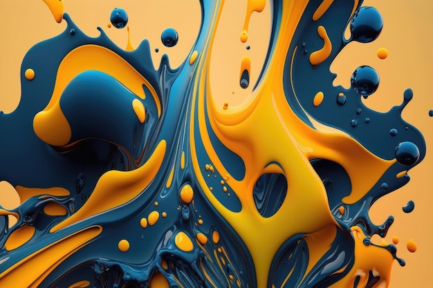 Abstract background of drops of blue and yellow liquid in 3d style AI generation