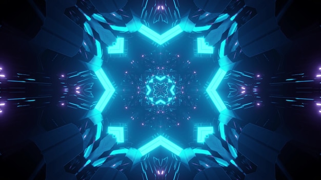 abstract background of endless symmetric tunnel with glowing neon lights