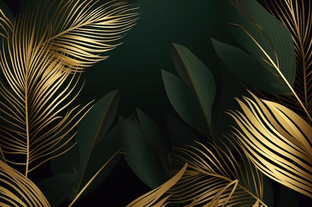 Абстрактный фон из перьев в виде золотых линий на зеленом фоне. Красивый минималистичный принт для вашего декора для открытки с поздравлениями и плаката Generative AI