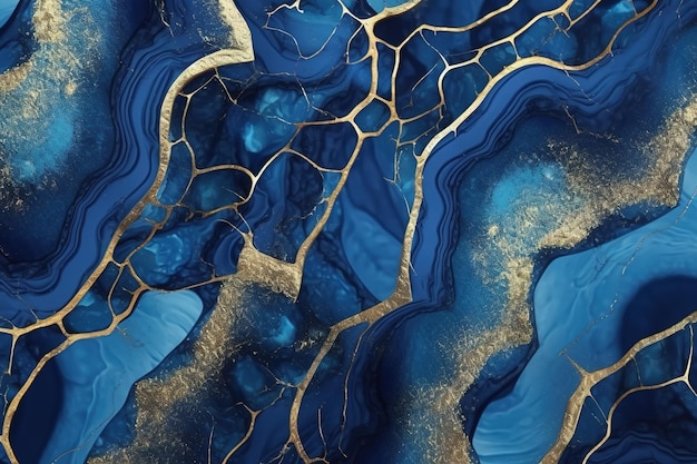Abstract background featuring mesmerizing blue marble agate granite and golden dust mosaic design