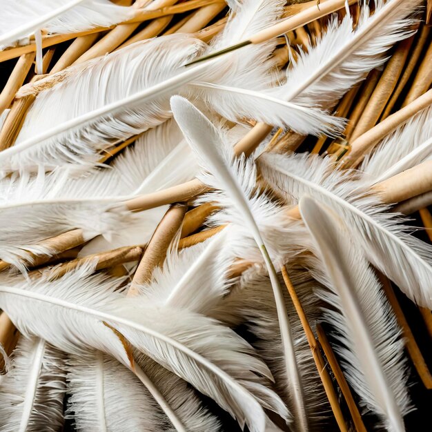 Abstract background of fluffy soft white feathers in various sizes collected in heap