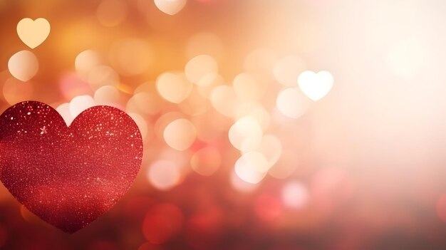 写真 赤いハートと金色のボケの輝きのバレンタインデーの抽象的な背景
