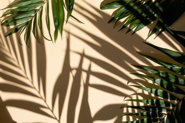 Abstract background of fresh palm leaves and shadows on the beige wall