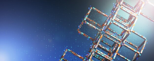ブロックから抽象的な背景 ブロックチェーン技術 ビッグデータ 人工知能 機械学習 データの背景 ネットワーク構造の背景 ワイドバナー 3Dレンダリング