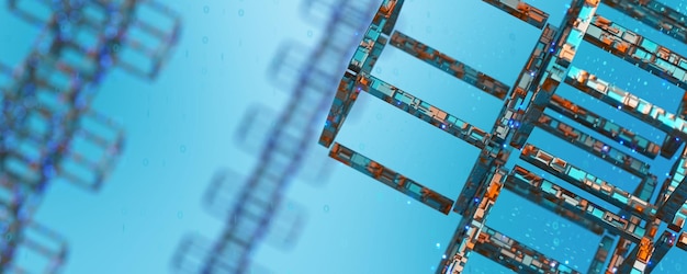 블록에서 추상화 된 배경 기계 학습 데이터 배경 블록체인 기술 빅 데이터 인공 지능 네트워크 구조 배경 광범위한 배너 3D 렌더링