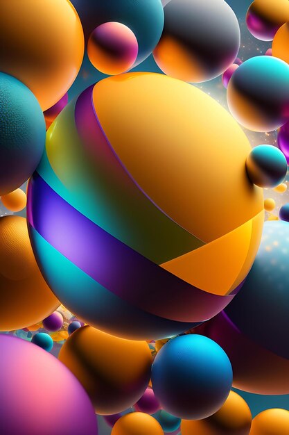 Abstract background from colorful balls of different shapes and rays of light