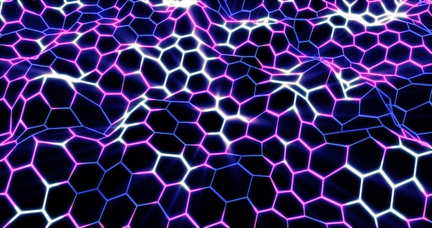 Photo abstract background from waves of hexagons from stripes and lines of bright purple beautiful magical