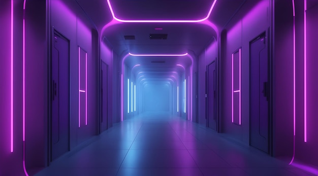 Abstract background of futuristic corridor with purple and blue neon lights