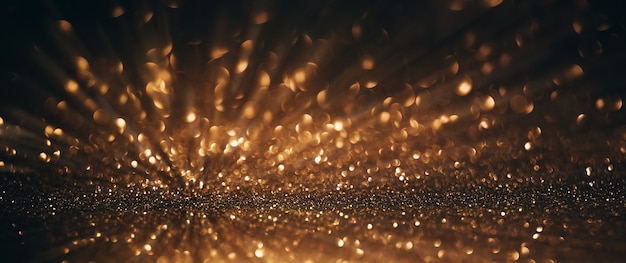 Abstract background of gold and black glitter lights with bokeh Defocused banner