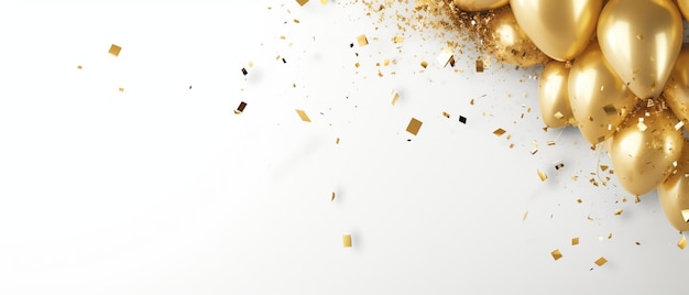 Abstract background gold fireworks and falling shiny confetti and balloon on white background