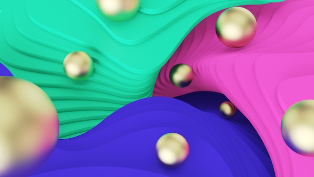 Abstract background. Golden balls roll on green, pink and blue steps. psychedelic reality and parallel worlds