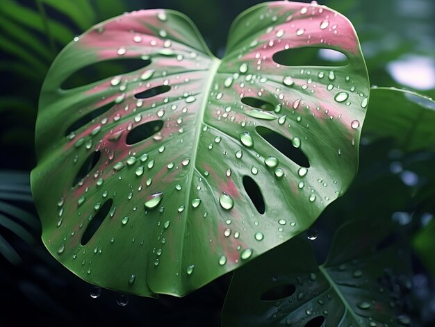 Foto sfondo astratto di foglie verdi con colori rosa la pianta monstera