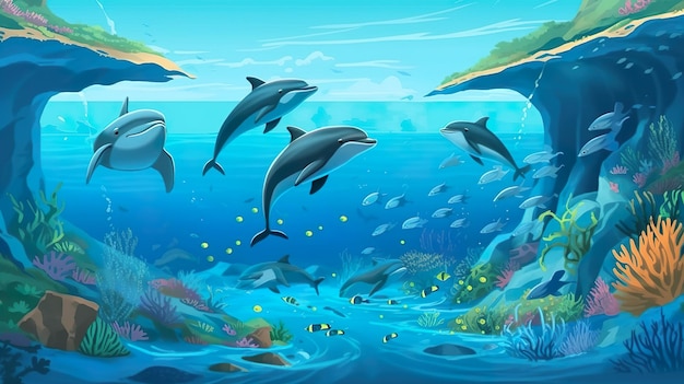 Abstract background group of dolphin World of dolphins with a mesmerizing illustration on an abstract background showcased in a captivating banner design Generative AI
