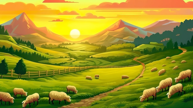 Abstract background hills and valleys Crafting a captivating banner design featuring an illustrated landscape of valleys with sheep during a breathtaking sunset Generative AI