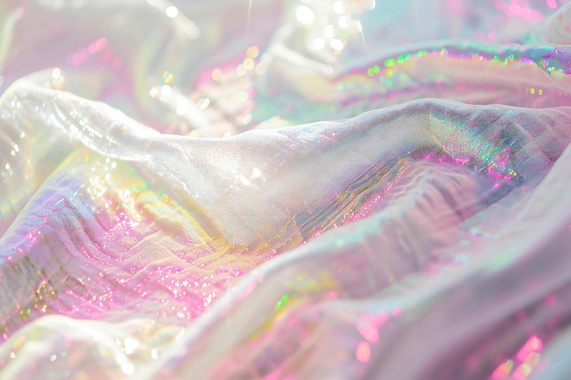 Abstract background of holographic foil on the fabric with bokeh