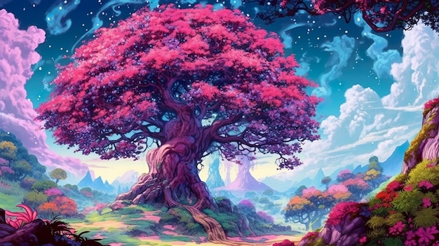 Abstract background huge magical plants and trees An artistically rendered illustration in a banner design showcasing a whimsical world filled with pink magical plants and trees Generative AI