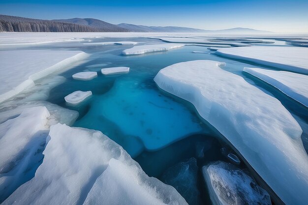 Abstract background of under ice frozen air flows in lake of baikal in winter russia