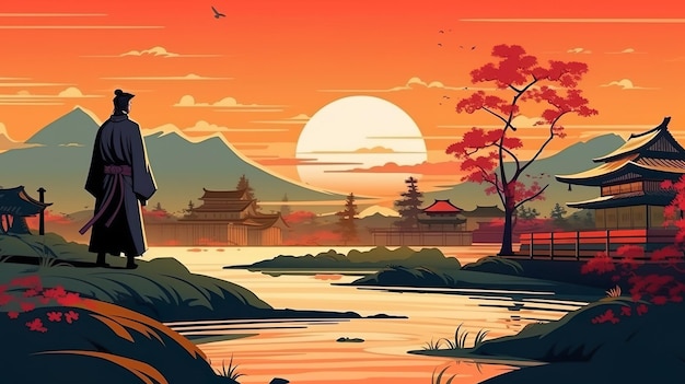 Abstract background Japanese samurai Captivating banner that combines history and art featuring a majestic Japanese samurai silhouetted against a stunning sunset Generative AI