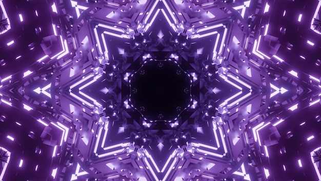 abstract background of kaleidoscopic geometric tunnel with glowing purple light