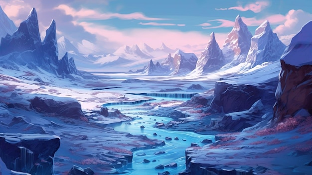 Abstract background lands of eternal snow Illustration in a banner design transporting viewers to world of endless snow and icy landscapes against a captivating backdrop Generative AI