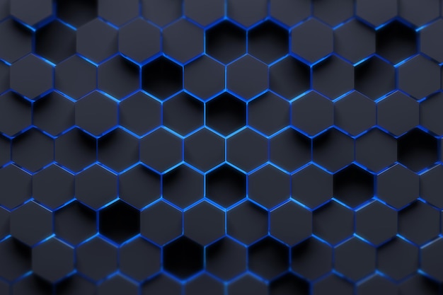 Abstract background made of black hexagons of different height with blue edges. Concept of creativity and art. 3d rendering