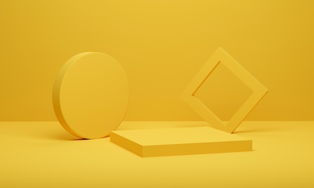 Абстрактная второстепенная геометрическая платформа сцены минимальной, желтый постамент подиума для отображения рекламы. 3D-рендеринг.
