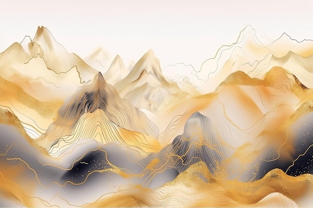 Abstract background of mountains in beige and gray with gold elements on a white backgroundBeautiful minimalistic print for your decor for postcard congratulations and poster Generative AI