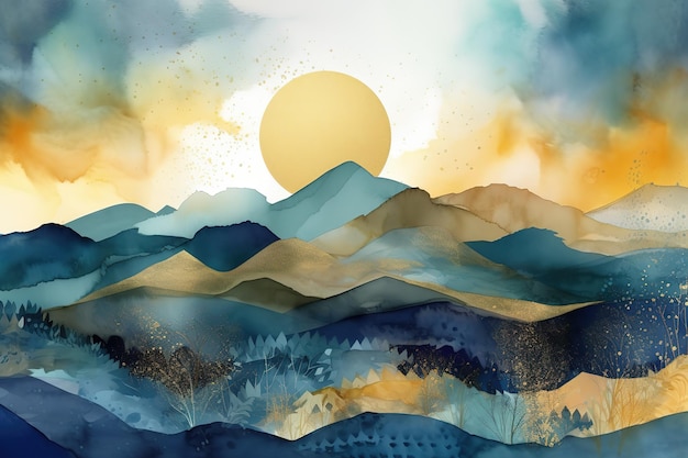 Abstract background of mountains in blue with a golden sunBeautiful minimalistic print for your decor for postcard congratulations and poster Generative AI