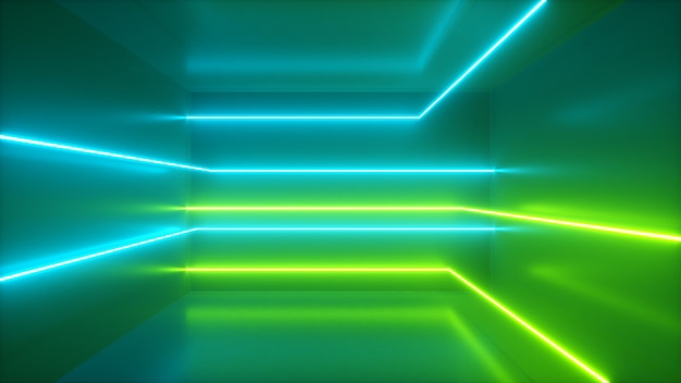 Abstract background, moving neon rays, luminous lines inside the room, fluorescent ultraviolet light, blue green spectrum, 3d illustration