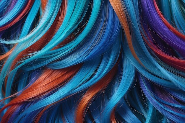 Abstract background of multicolored blue vibrant soft hair locks in mess