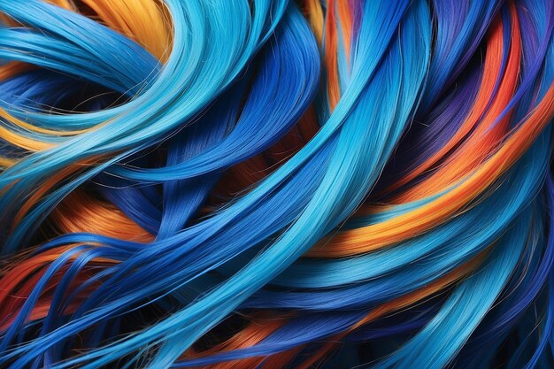 Abstract background of multicolored blue vibrant soft hair locks in mess