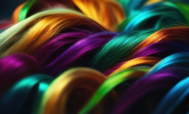 Abstract background of multicolored vibrant soft hair locks in mess