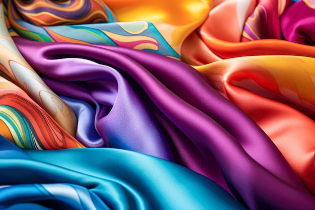 Abstract background of multicolored wavy silk fabric closeup