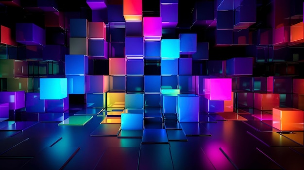 Абстрактный фон из неоновых цветных кубиков Темный фон с разноцветными кубиками Генеративный AI